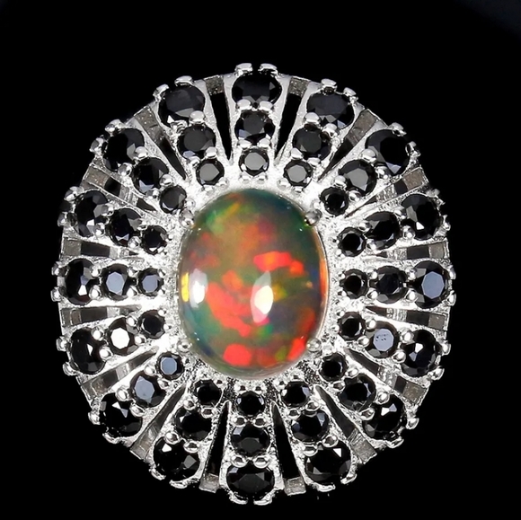 Unheated Oval Fire Opal 10x8mm Black Spinel 925 Sterling Silver Ring SZ 7.25 - Picture 3 of 9